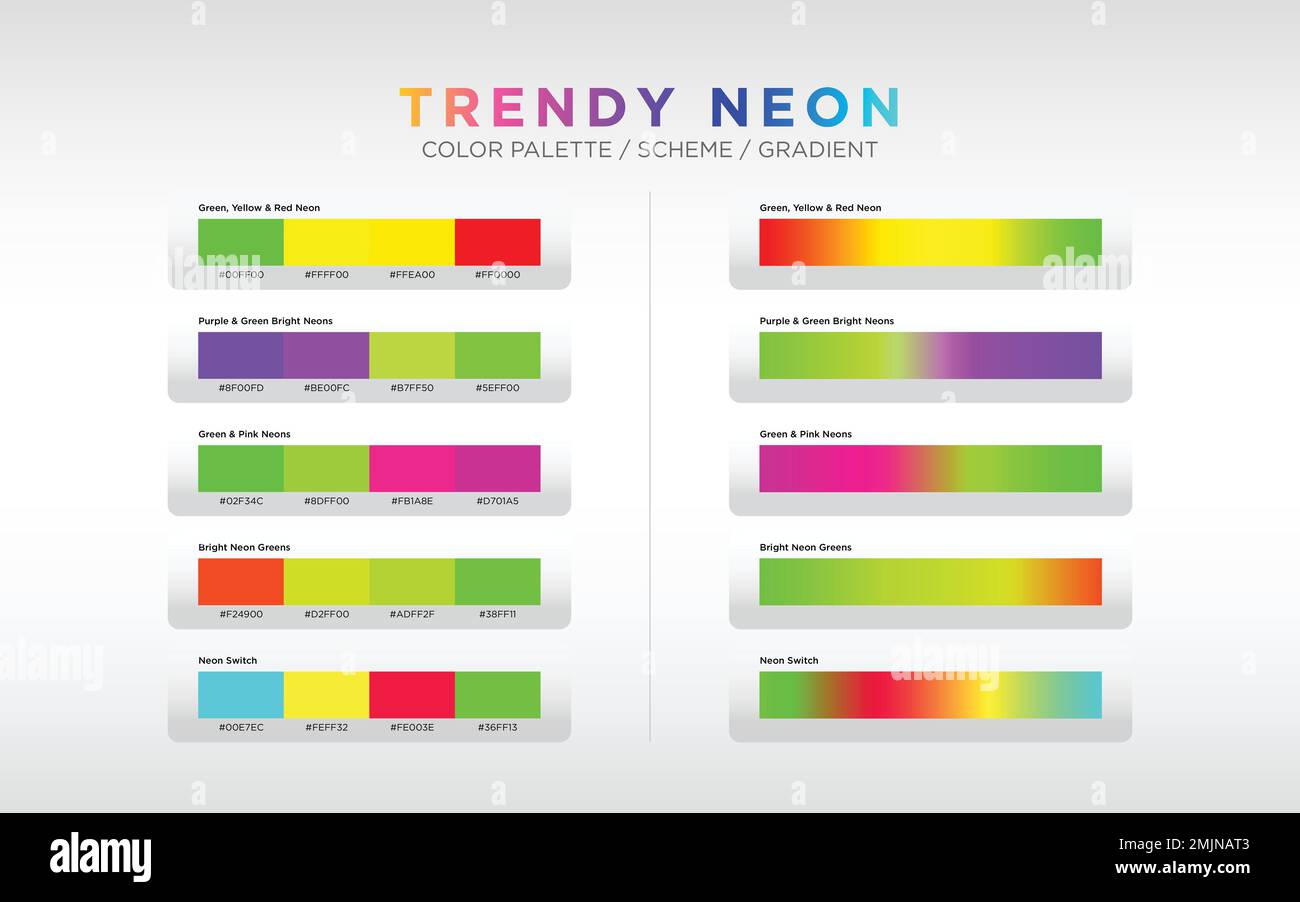 Neon-Farbpaletten, Farbschemata und Farbverläufe. Satz von farbigen Verläufen. Vektordesign-Farbelemente für Ihr Design. Stock Vektor