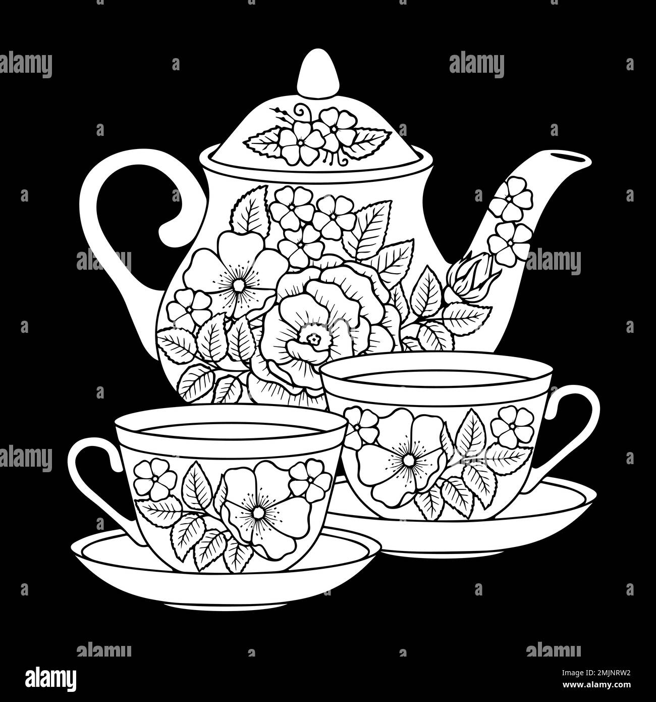 Buchseite für Vektorfarben für Erwachsene. Schwarz-Weiß-Darstellung des Teeservice mit elegantem Blumenverzierung. Tasse und Teekanne Stock Vektor