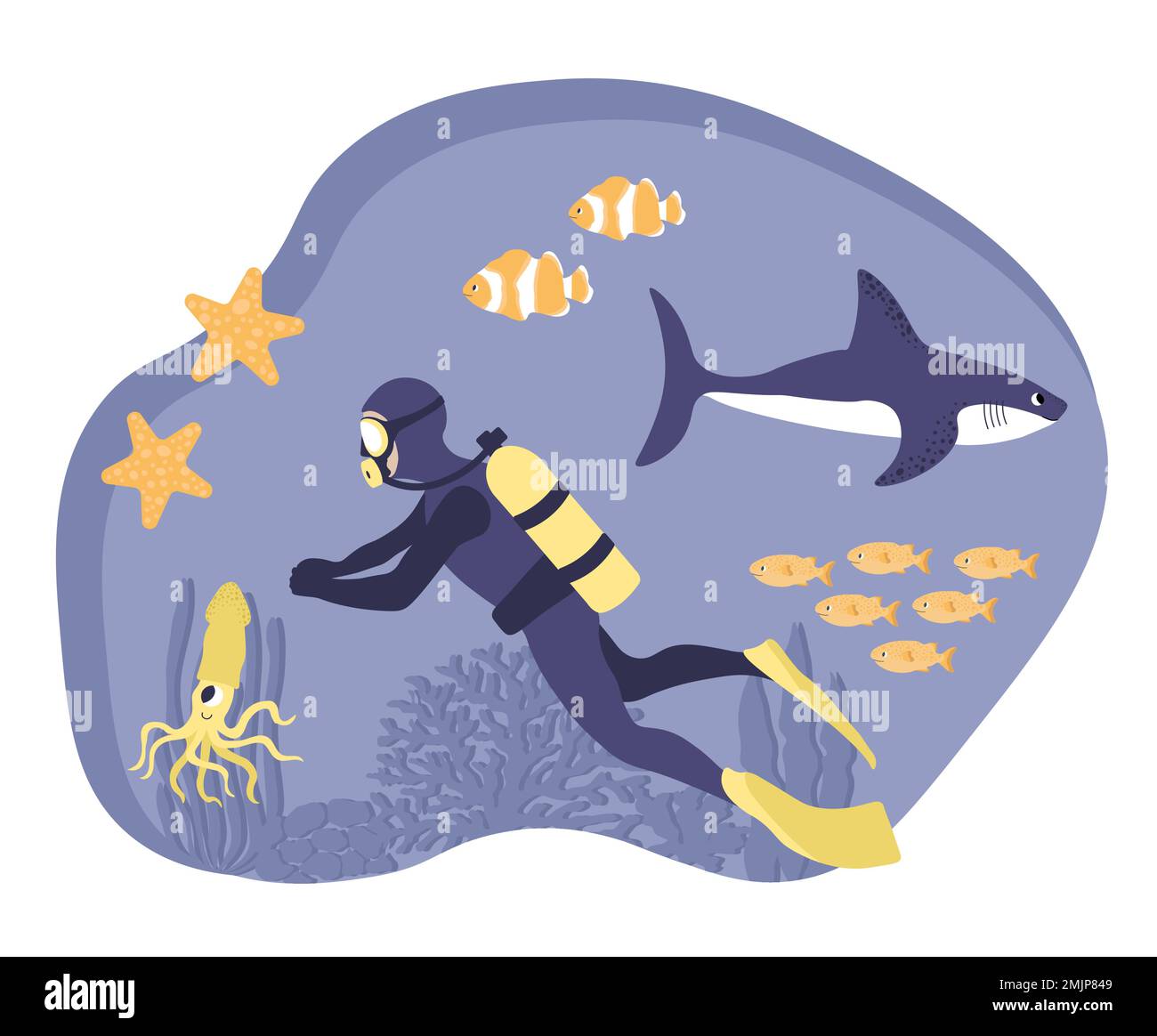 Vektor-Ozean-Illustration mit Taucher, Hai, Clownfisch, Seesternen, Tintenfisch, Algen, Korallen. Tauchen. Unterwassertiere. Ökologisches Design für Banner Stock Vektor