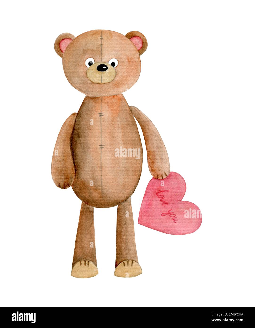 Niedlicher Spielzeugbär mit pinkfarbenem Herz, handgezeichnete Aquarelle PNG auf transparentem Hintergrund für Feiertage, Valentinstag, Geburtstag usw. Stockfoto
