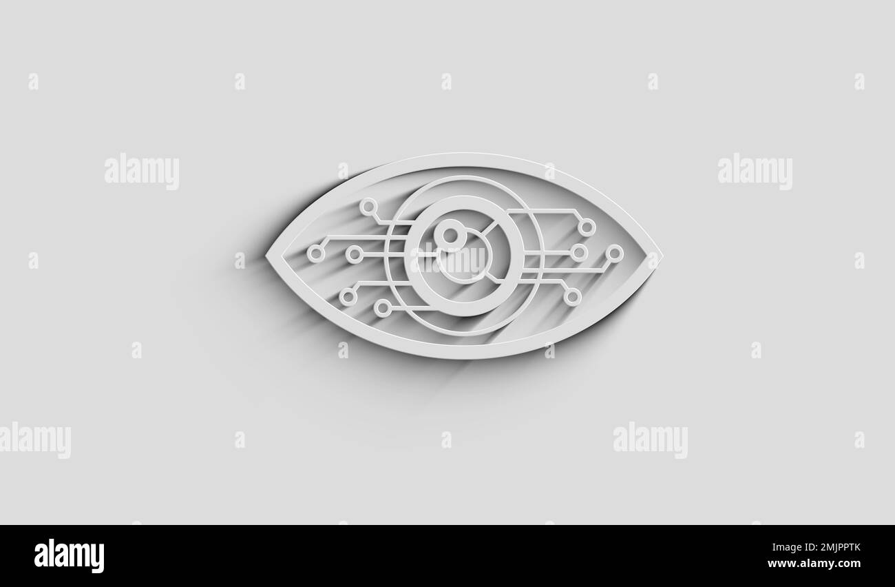 Cyber-Eye-Spionage Big Brother Hacking Spy and Intelligence Symbol digitales Konzept. Netzwerk, Cyber-Technologie und Computerhintergrund Abstract 3D ill Stockfoto
