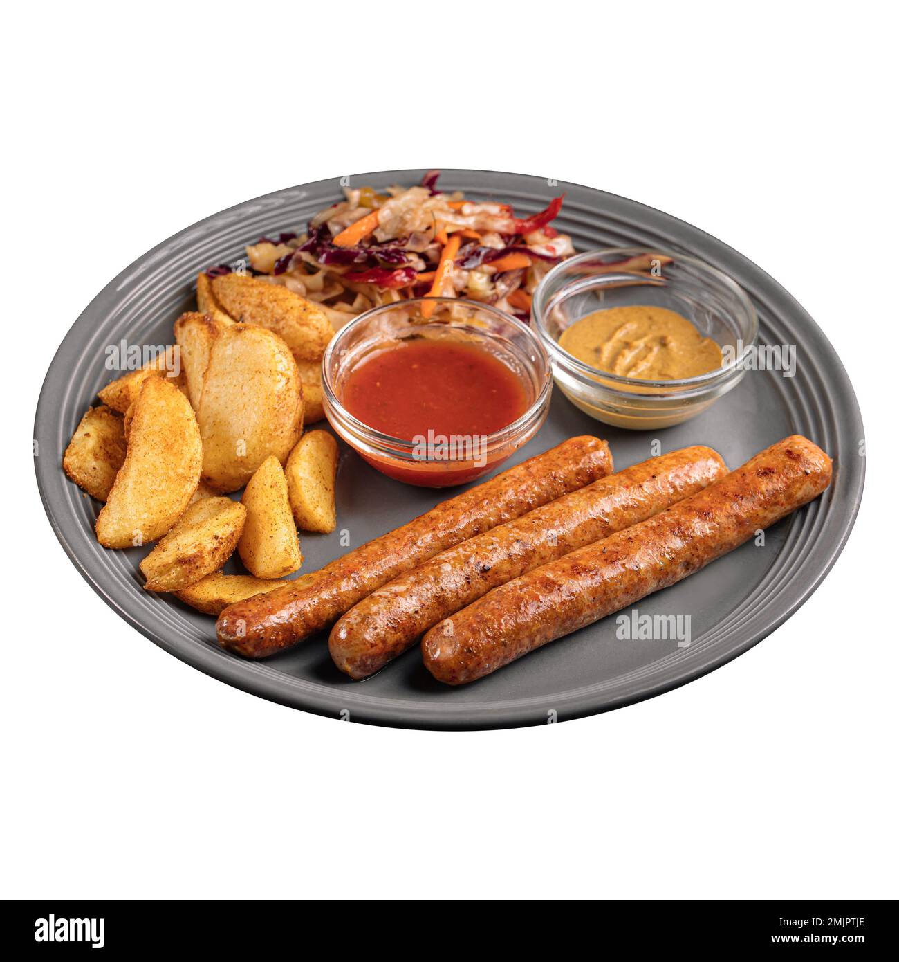 Isolierte Portion gegrillter Würstchen mit Kartoffeln Stockfoto