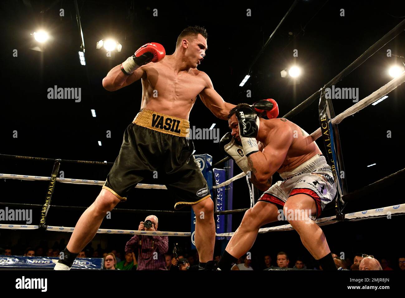 Czech Republic's Vasil Ducar, left, punches South Africa's Kevin Lerena
