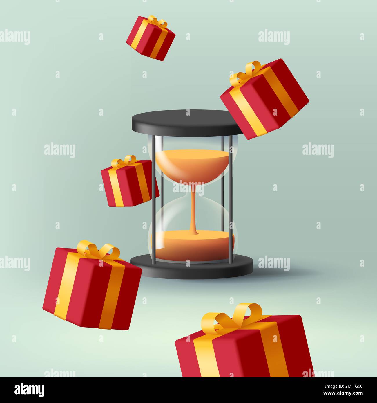 Zeit für Geschenke Banner mit 3D Abbildung einer Sanduhr aus Glas mit roten Geschenkboxen und gelben Bändern, die umherfliegen, Komposition darstellen Stock Vektor