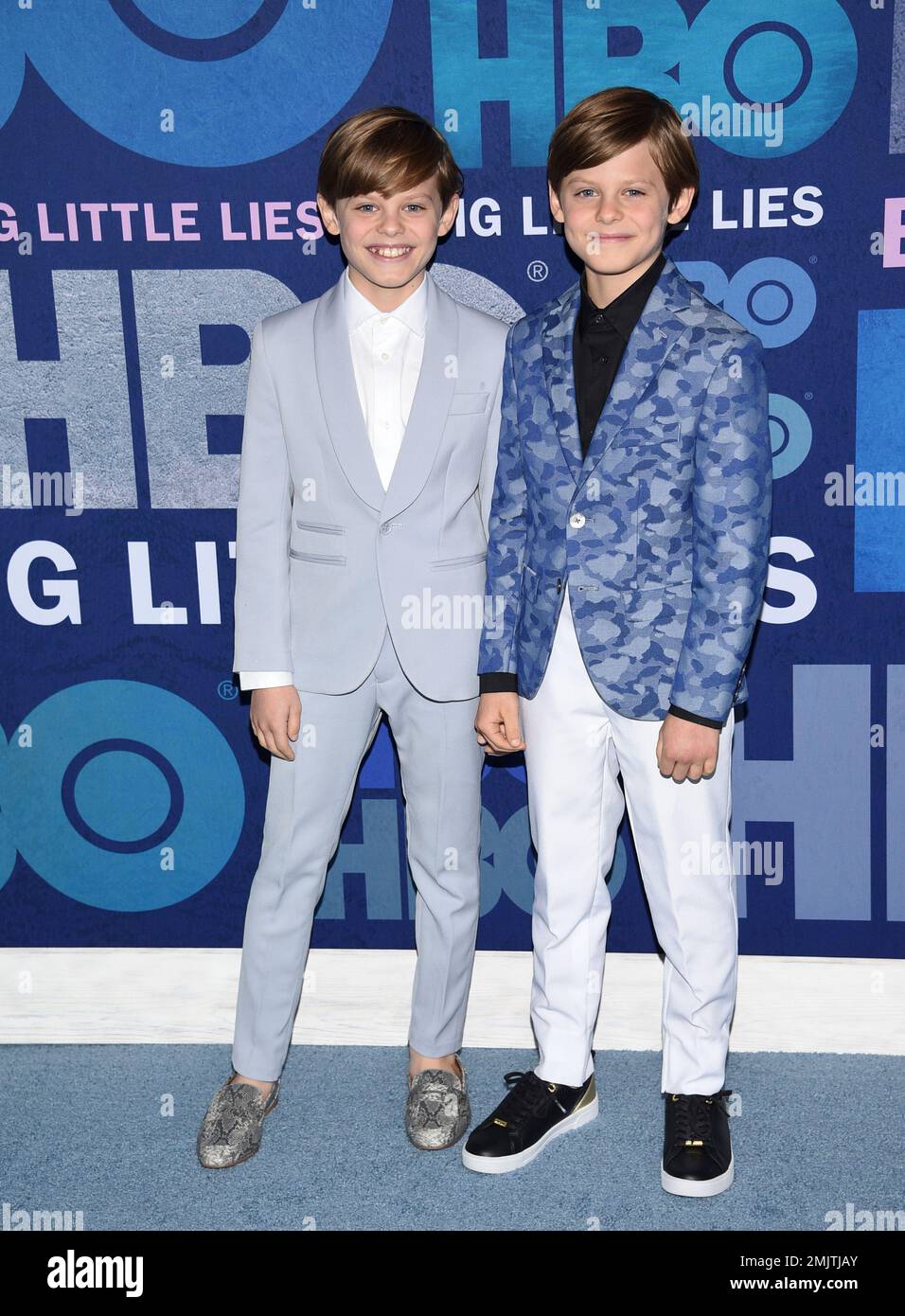 Twin brothers Nicholas Crovetti, left, and Cameron Crovetti attend the premiere of HBO's "Big Little Lies" season two at Jazz at Lincoln Center on Wednesday, May 29, 2019, in New York. (Photo by Evan Agostini/Invision/AP) Stockfoto
