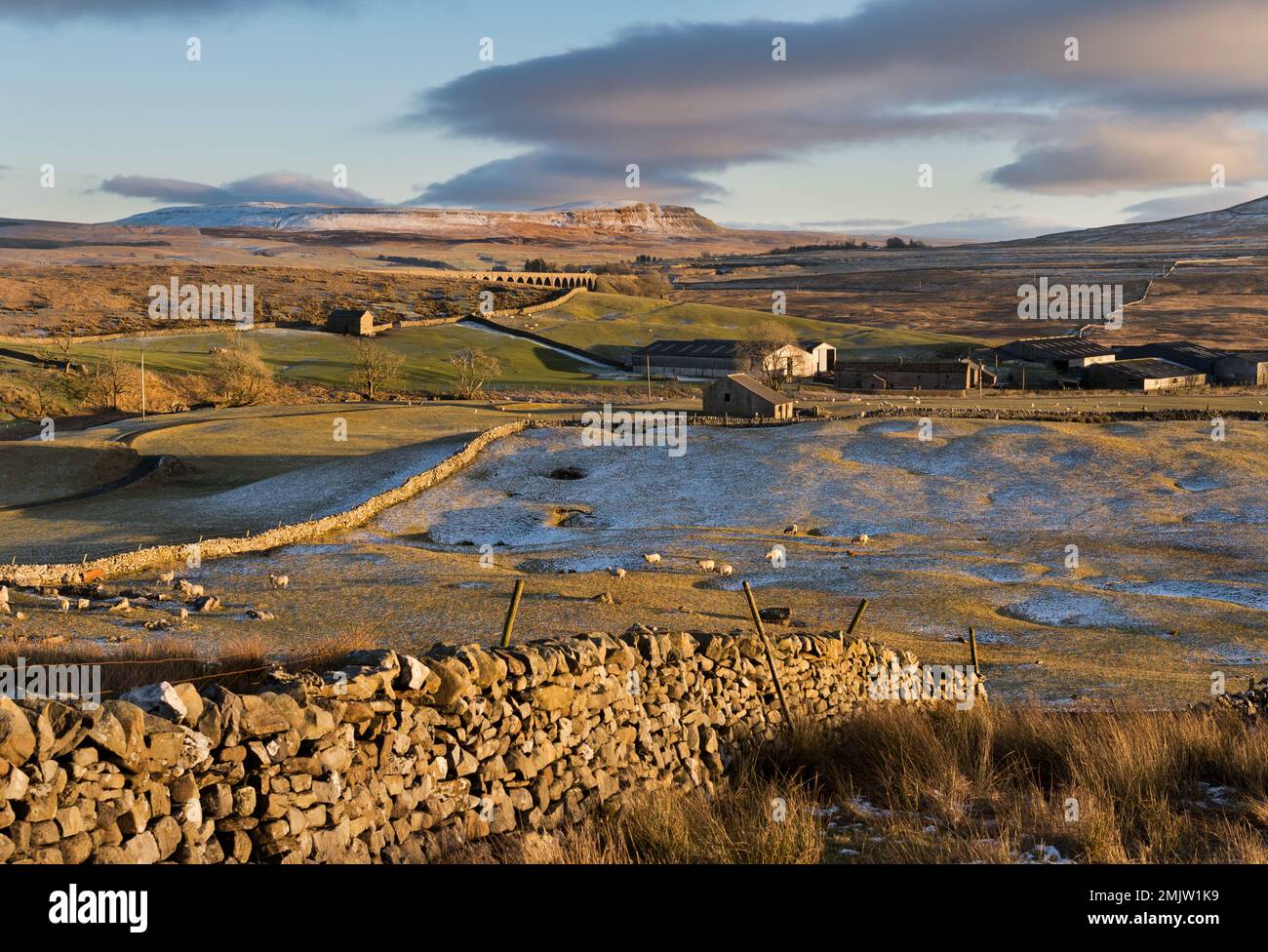 Im Winter bietet sich ein Nachmittagsblick auf das Ribblehead Viaduct und einen fernen Pen-y-ghent-Gipfel mit Gunnerfleet Farm Center in der Nähe von Ingleton, Yorkshire Dales National Park Stockfoto