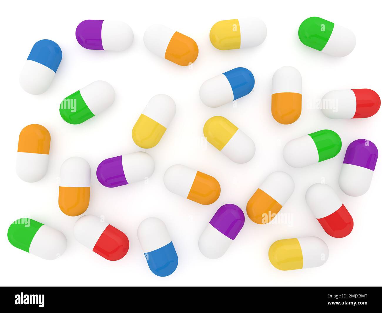 Pillen medizinisch mehrfarbig auf weißem Hintergrund. 3D-Darstellung rendern. Stockfoto