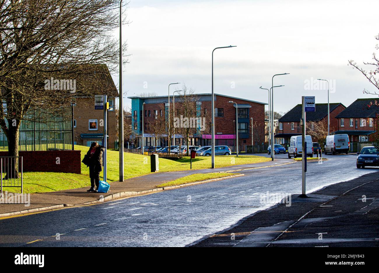 Dundee, Tayside, Schottland, Großbritannien. 28. Januar 2023. UK Weather: Nordost Schottland genießt milde Januar-Sonne mit Temperaturen um die 9°C. Blick auf das Ardler Village in Dundee, fotografiert in der wunderschönen Wintersonne. Im und um das Dorf gibt es jede Menge Freiflächen, ergänzt durch neue und innovative Landschaften mit nachhaltigen städtischen Wiesen, Waldgebieten und Geschäften. Kredit: Dundee Photographics/Alamy Live News Stockfoto