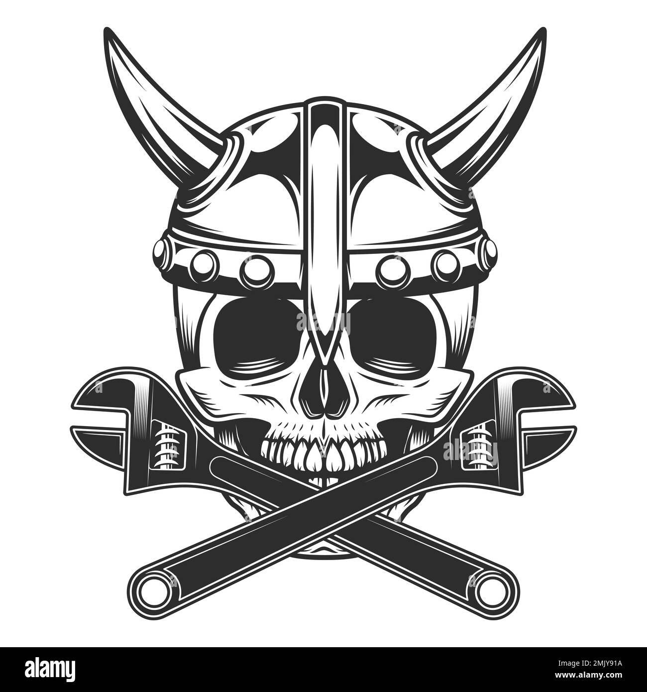 Schädel mit viking-Helm und Kreuzschraubenschlüssel Geschäftsbauer aus Neubau- und Umbauhaus-Illustration Stock Vektor