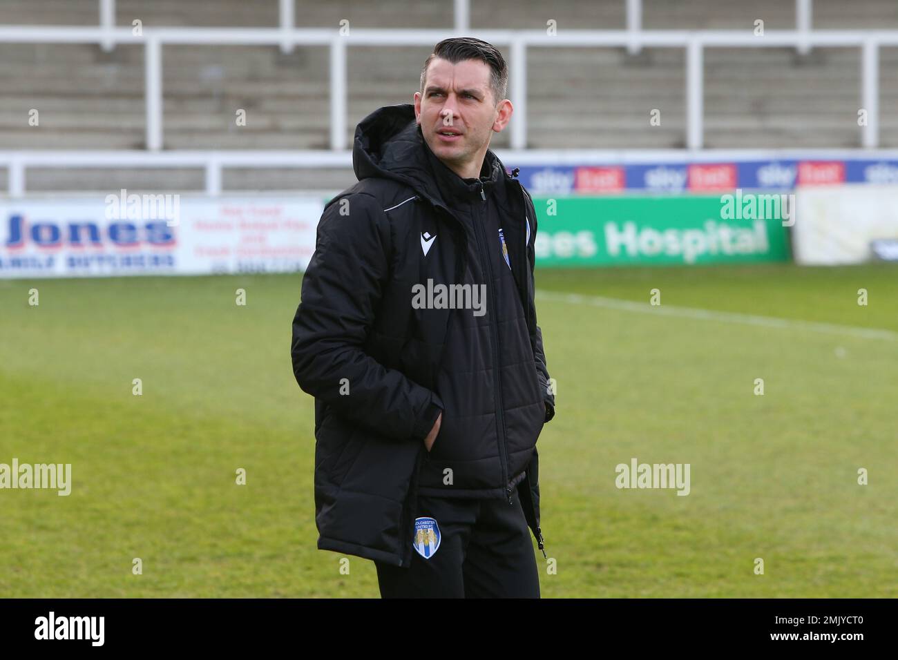 Colchester United Manager Matthew Bloomfield während des Spiels der Sky Bet League 2 zwischen Hartlepool United und Colchester United im Victoria Park, Hartlepool, am Samstag, den 28. Januar 2023. (Kredit: Michael Driver | MI News) Stockfoto