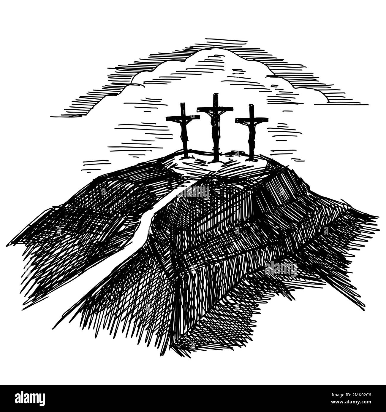 Handgezeichnete Vektordarstellung für Ostern. Drei Kreuze auf dem Gipfel des Calvary, in der Nähe von Jerusalem. Stock Vektor