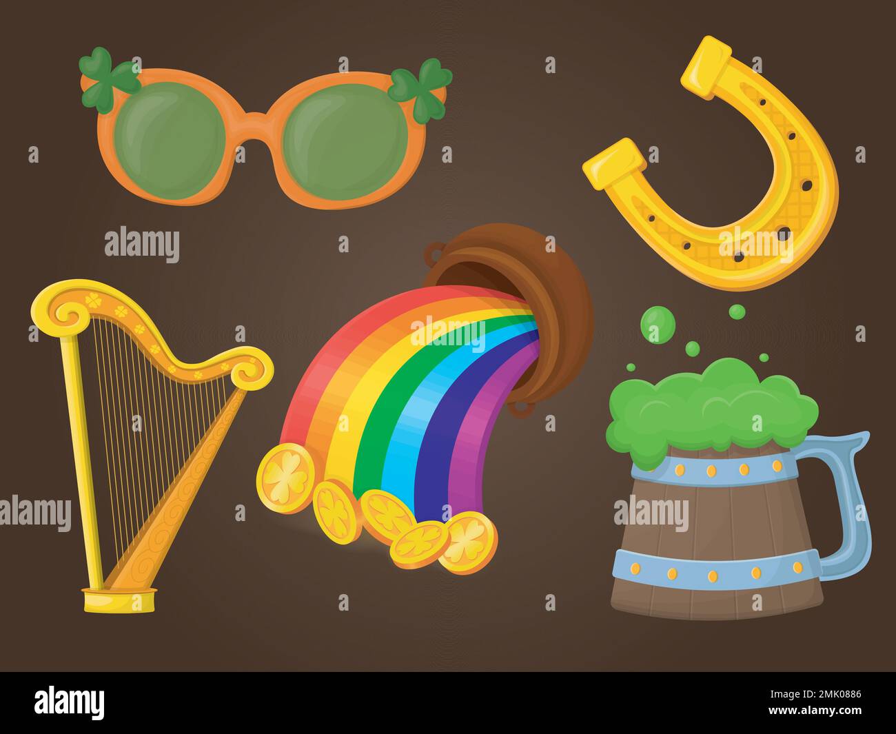 Ein Set für den saint patricks Day umfasst Sonnenbrille, goldenes Hufeisen, eine Tasse Bier, einen Topf mit Regenbogen und Harfe Stock Vektor