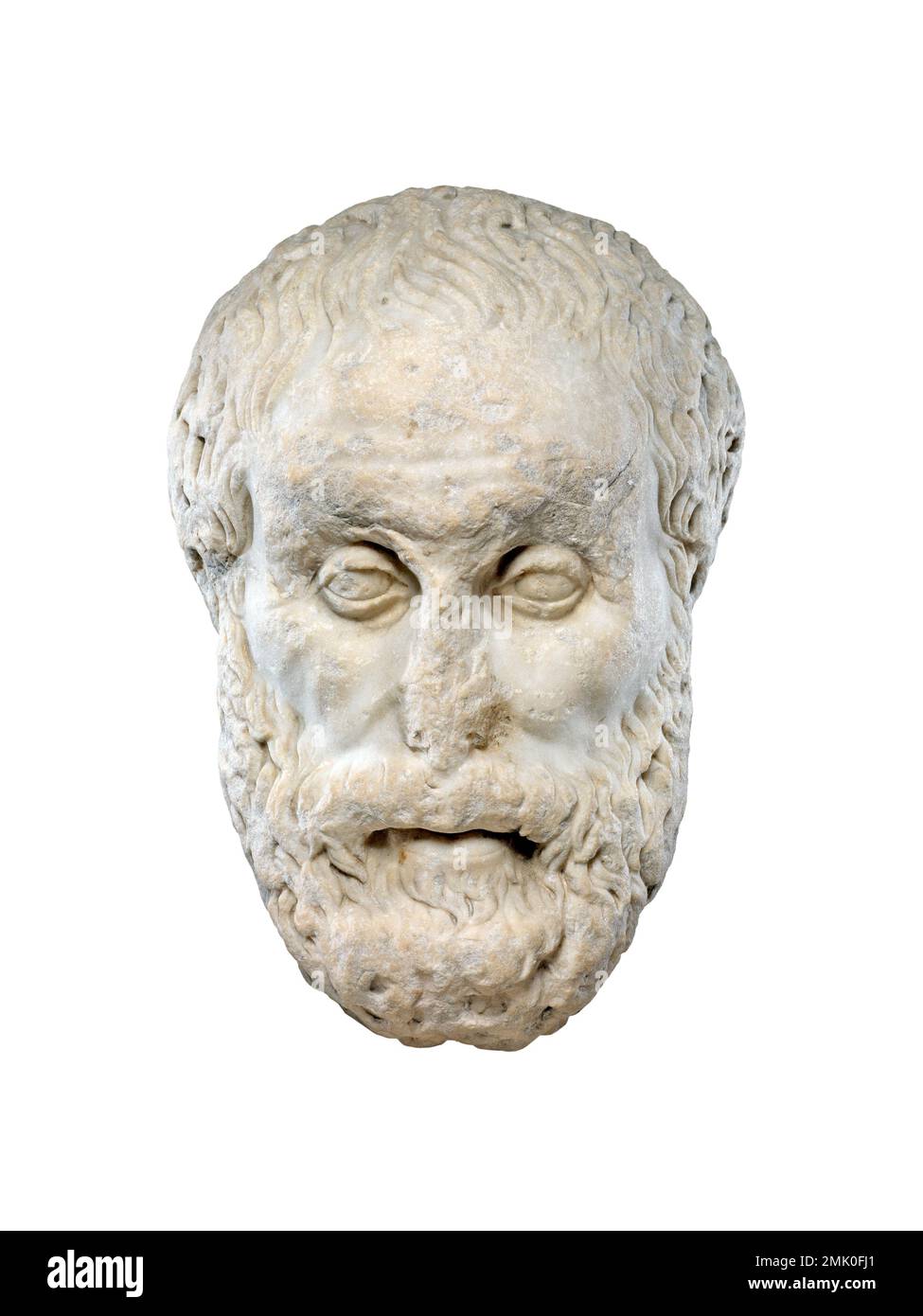 Antiker griechischer Philosophenkopf aus Marmor isoliert auf weißem Hintergrund, Vorderansicht Stockfoto