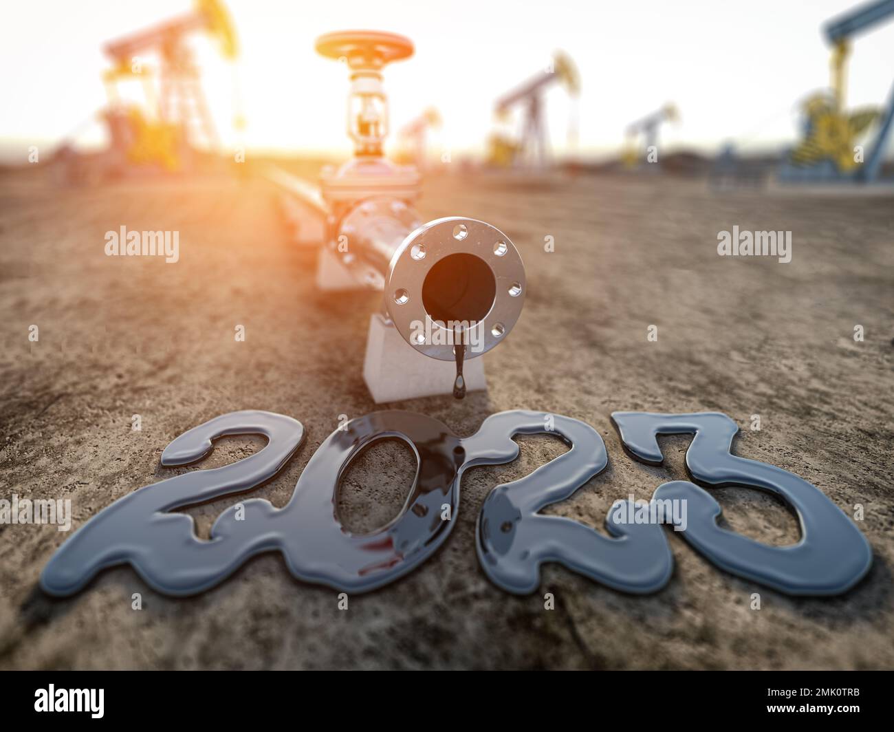 Ölpumpenleitungen mit verschüttetem Öl in Form os 2023 und Pumpenheber. Frohes neues 2023. Jahr für die Ölindustrie. Stockfoto