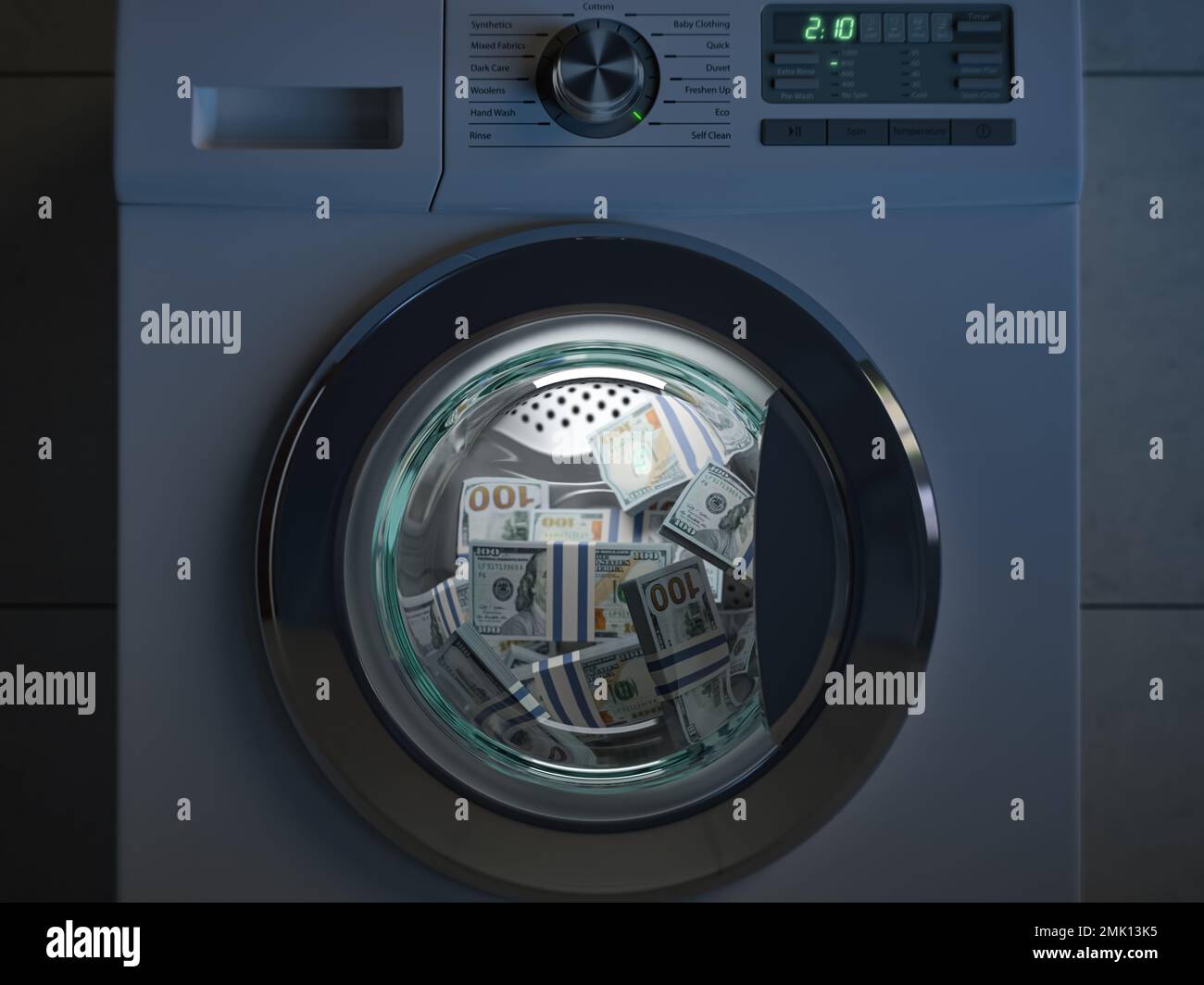 Das Konzept der schmutzigen Geldwäsche. Dollar-Packs werden in der Waschmaschine unter dem Klima der Nacht gewaschen. 3D Abbildung Stockfoto