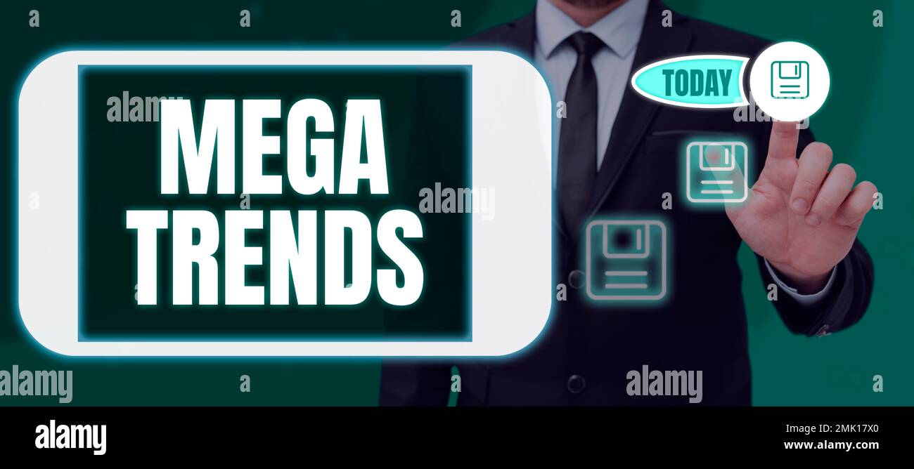 Textunterschrift mit Megatrends. Geschäftsansatz starke Phänomene, die sich auf die Grundlagen unserer Welt auswirken Stockfoto