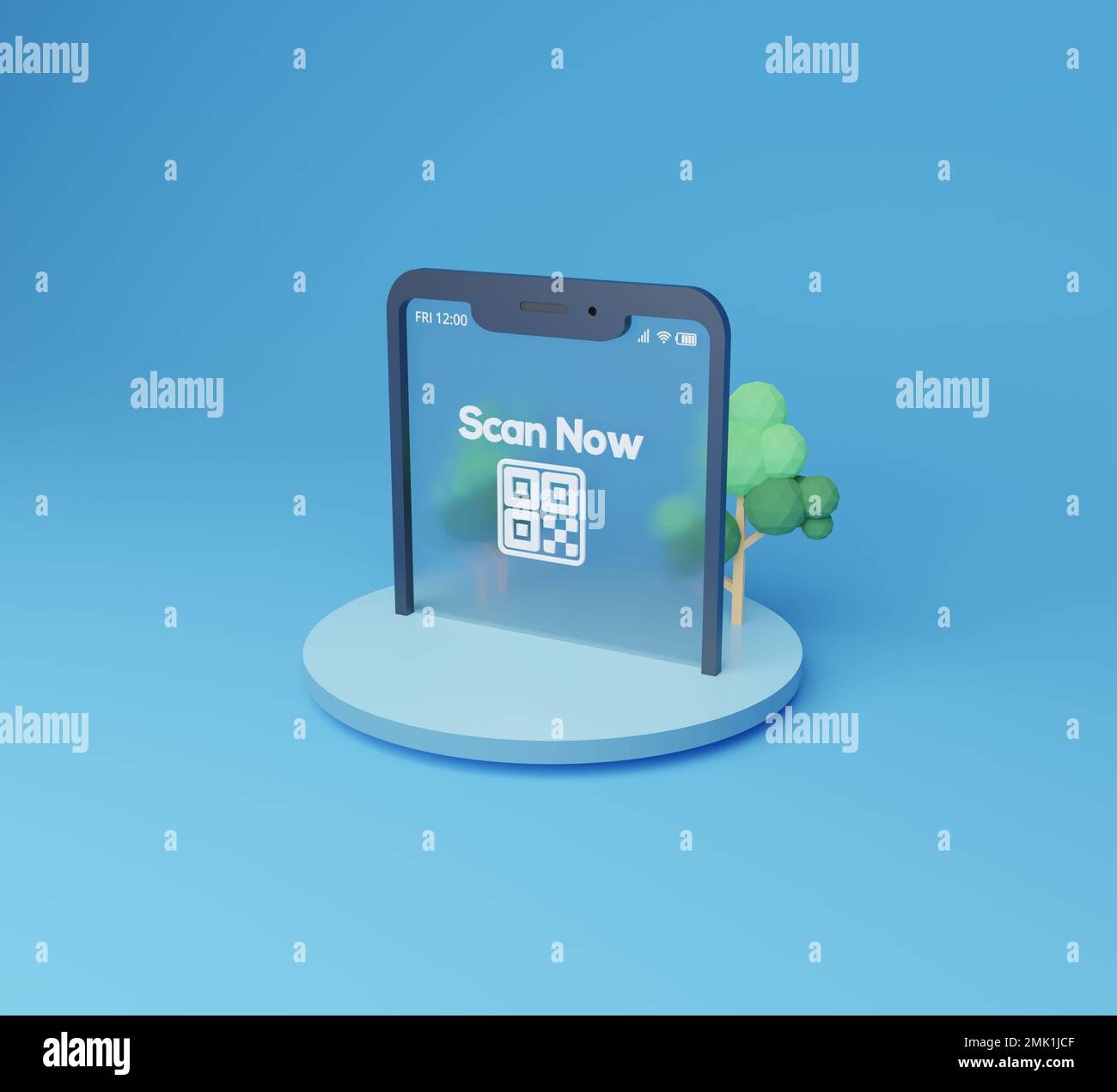 3D-Rendering-qr-Code-Scan mit Martphone-Bildschirm auf dem Podium Stockfoto