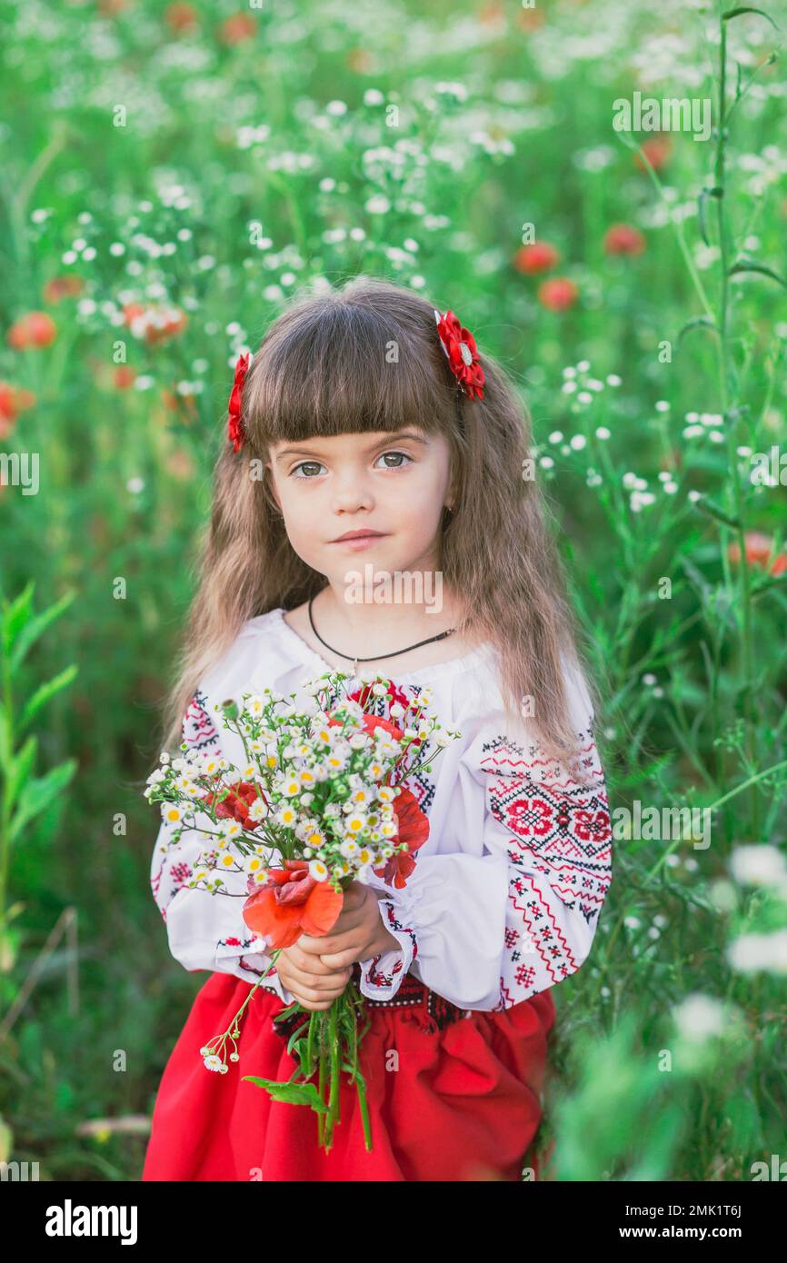Ein bezauberndes Kind in ukrainischer Volkskleidung auf einem Feld mit Blumen Stockfoto