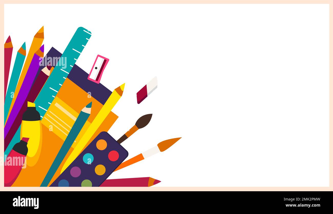 Werbebanner Zurück zur Schule.Verkaufsposter mit Schulzubehör Accessoires Element.Schreibwaren für Schulen und Textplatzierung auf weißem Hintergrund.Werbung Stockfoto