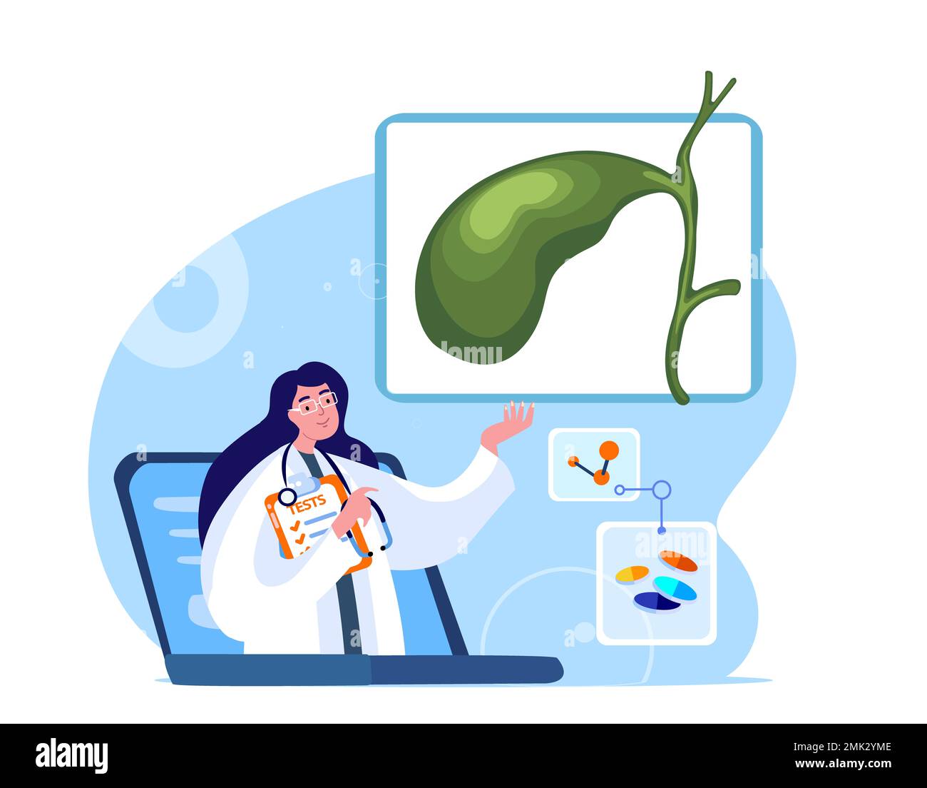 Frau Arztberatung Gastroenterologe, Patienten online auf Laptop.Gallenblasensystem Diagnose.Gallencholalisches Organ.Internet Cholezystitis Trea Stockfoto