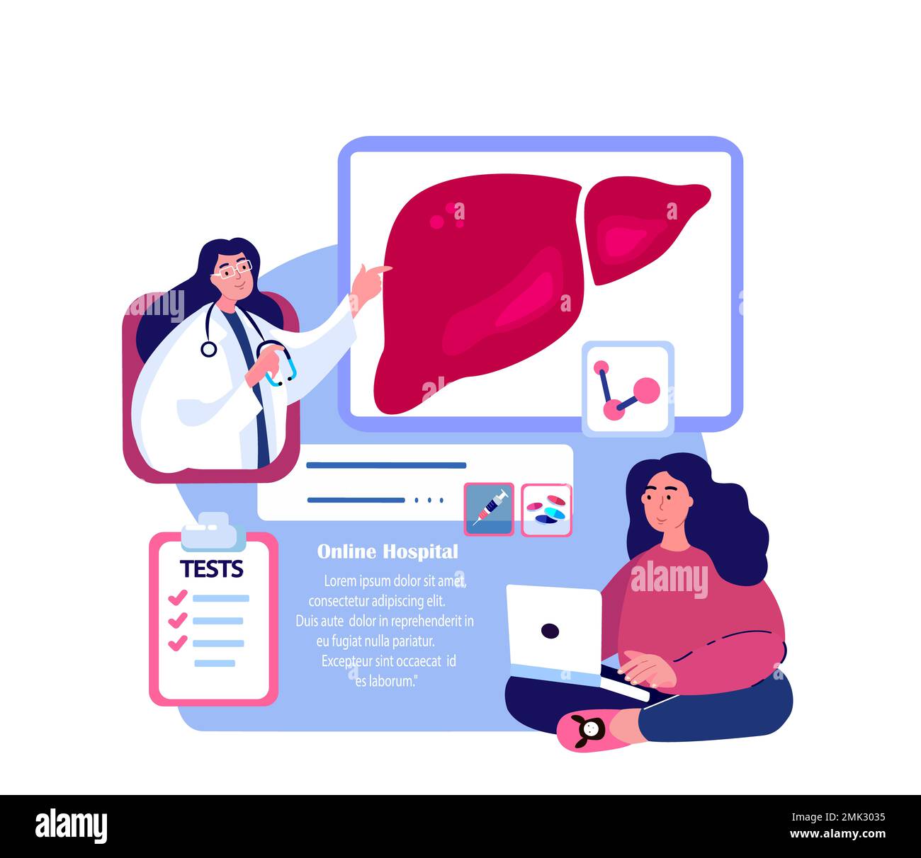 Online-Gastroenterologe, Hepatologe Arzt Konsultieren Patient.Diagnose Leberorgan Leber.Analyse Fibrose,Hepatitis.Ultraschall Internet-Behandlung Stockfoto