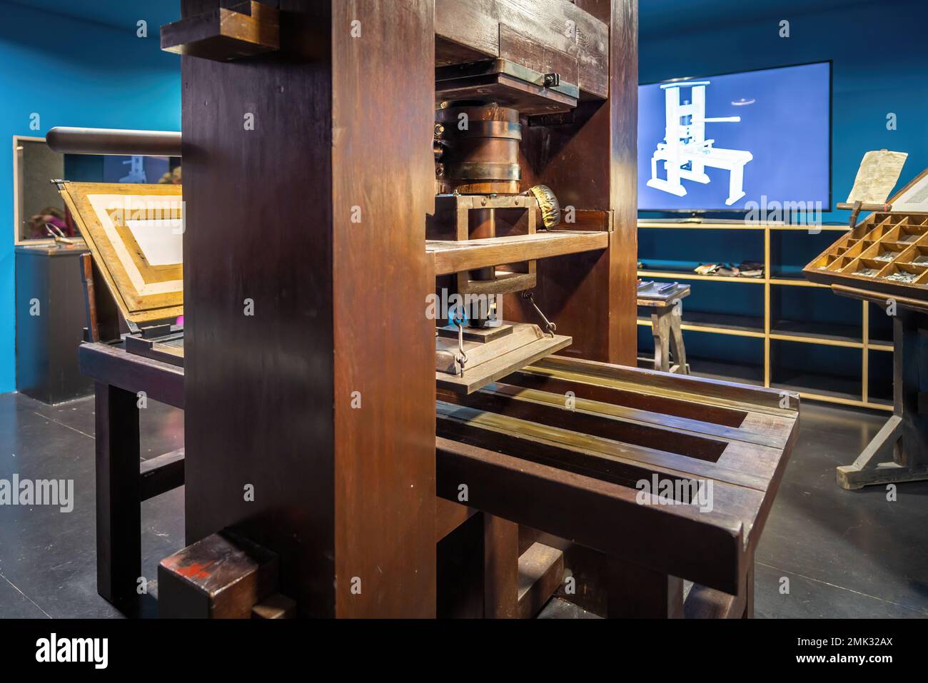 Gutenberg-Pressenachbildung im Gutenberg-Museum Interior - Mainz Stockfoto