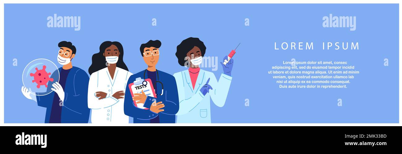 Vielfältige Ärztegruppe und Krankenschwester mit Gesichtsmasken. Frontline Coronavirus-Kampfkonzept isoliert auf weiß. Fachkräfte im Gesundheitswesen Wohnung ve Stockfoto