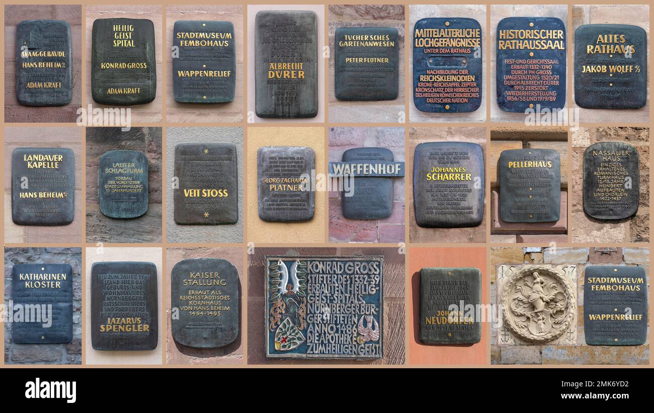 Informationstafeln über Künstler und Handwerker in historischen Häusern in der Altstadt, Nürnberg, Mittelfrankreich, Bayern, Deutschland Stockfoto