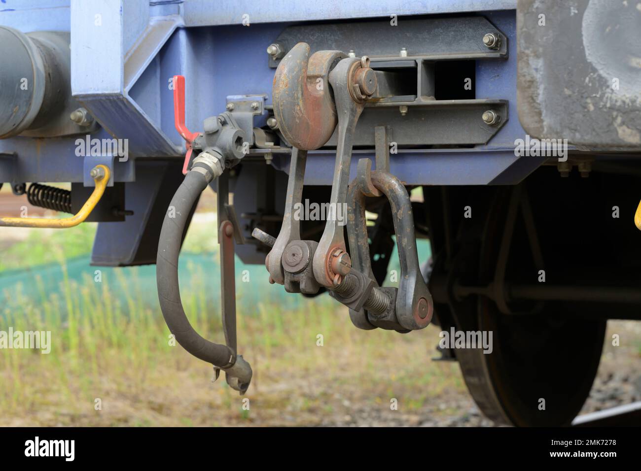 Eine Schraubkupplung an einem Güterwagen Stockfoto