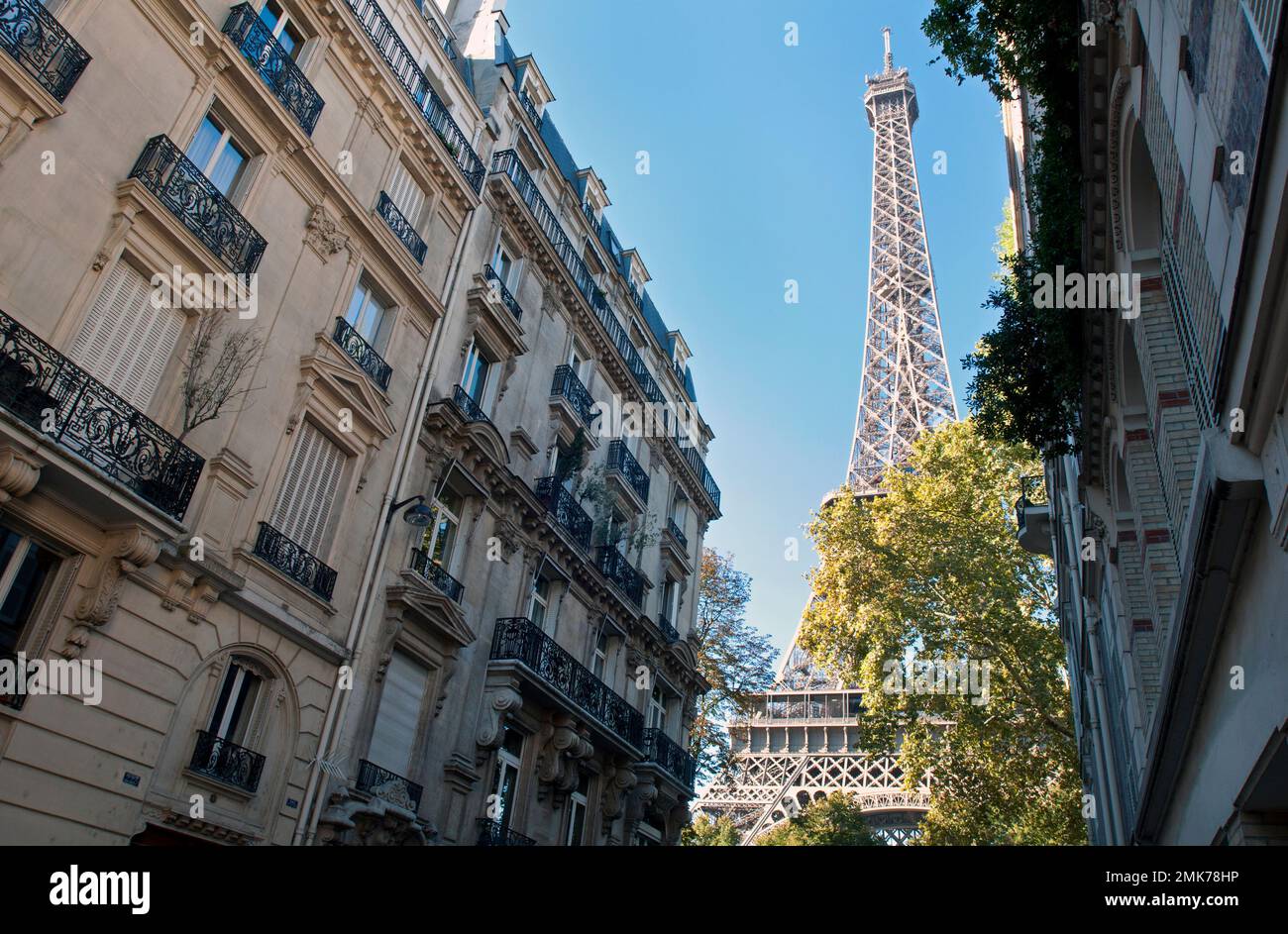 Der Eiffelturm erhebt sich hinter prunkvollen Wohngebäuden am Ende der Rue de l'Université im 7. Arrondissement von Paris. Stockfoto