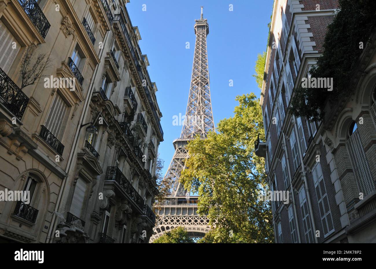 Der Eiffelturm erhebt sich hinter prunkvollen Wohngebäuden am Ende der Rue de l'Université im 7. Arrondissement von Paris. Stockfoto