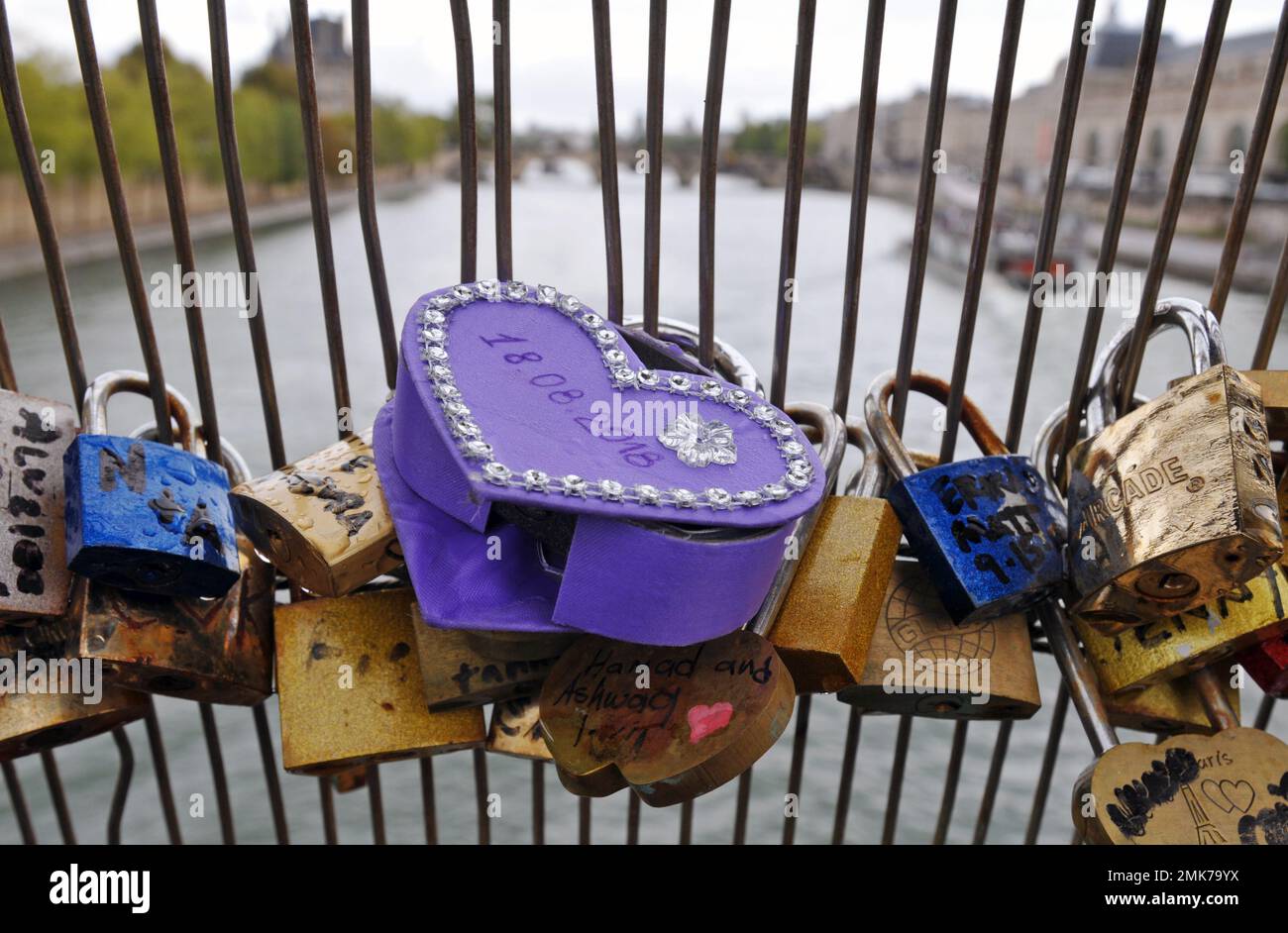Liebesschlösser, die am Geländer einer Brücke über die seine in Paris befestigt sind. Stockfoto