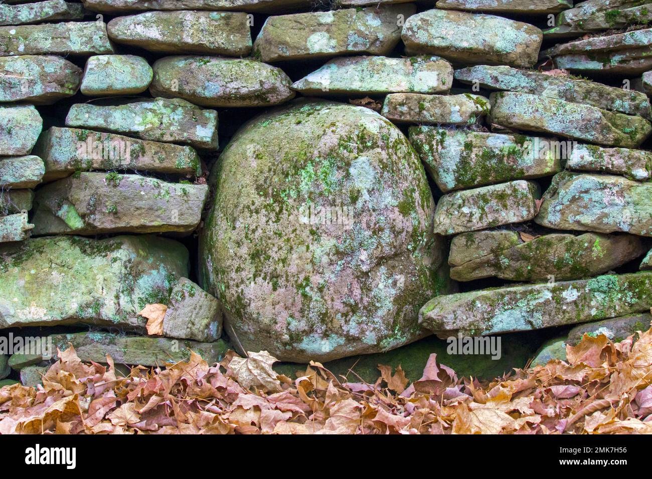 Eine Steinmauer im Nordosten Pennsylvania mit flachem und rundem Sandstein. Stockfoto