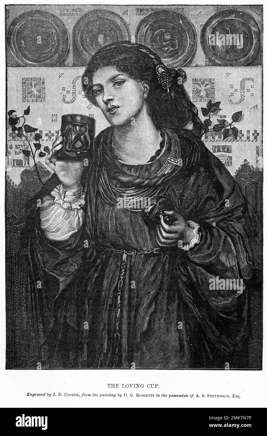 Gravur einer Frau, die den Pokal der Liebe hält, aus dem Gemälde von DG Rossetti; erschienen um 1884 Stockfoto