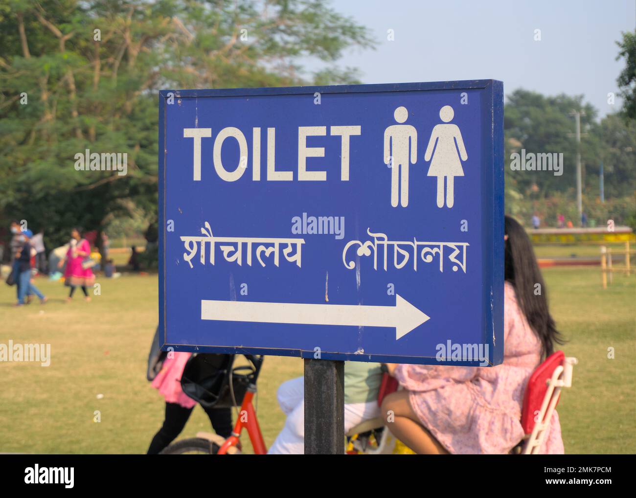 WC-Richtungstafel in drei Sprachen, Englisch, Hindi und Bengalisch, auf einem blauen Schild. Stockfoto