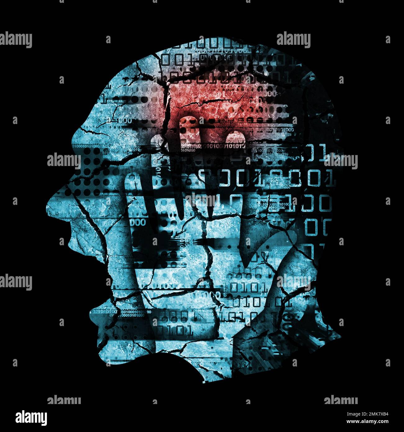 Wahnsinn, Informationsflut, schreiender Mann, der seinen Kopf hält, digitale Erwähnung. Darstellung eines stilisierten männlichen Kopfes mit zerstörten Binärcodes. Stockfoto