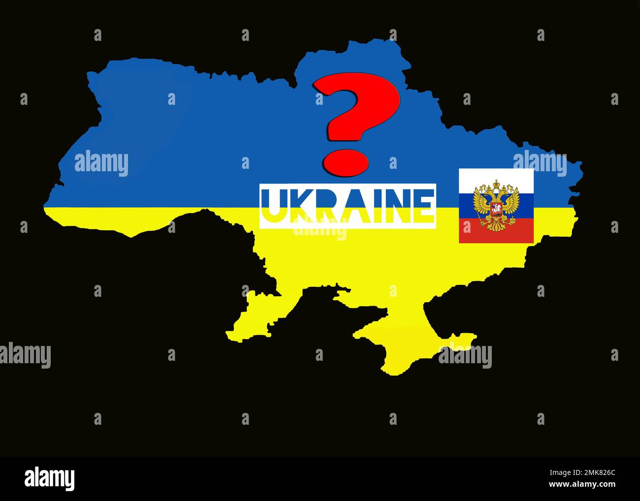 Darstellung der Grenze zur Ukraine mit einem russischen Wappen und einem Fragezeichen, symbolischem Bild einer russischen Invasion Stockfoto