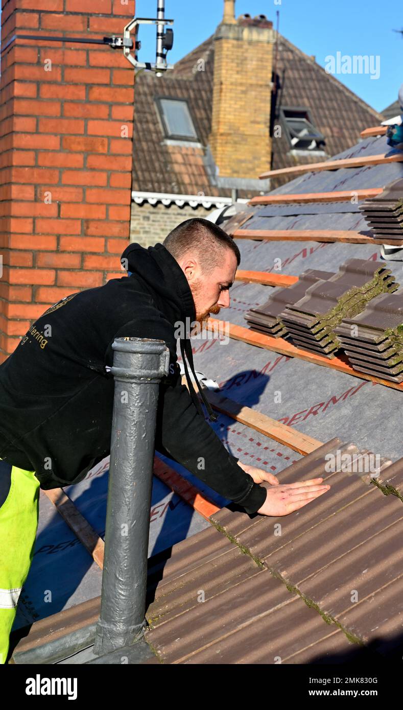 Dachdecker legt Fliesen auf neue Schlagstöcke über einer Belüftungsmembran bei der Dachsanierung des Hauses, Großbritannien Stockfoto