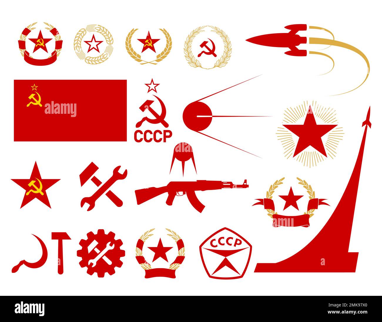 Symbole der UdSSR, Symbole des Kommunismus und Sozialismus, sowjetische Symbole, Stern, Hammer und Sichel, Flagge und Stern der UdSSR, Weizen- und Lorbeerkranz, Speck Stock Vektor