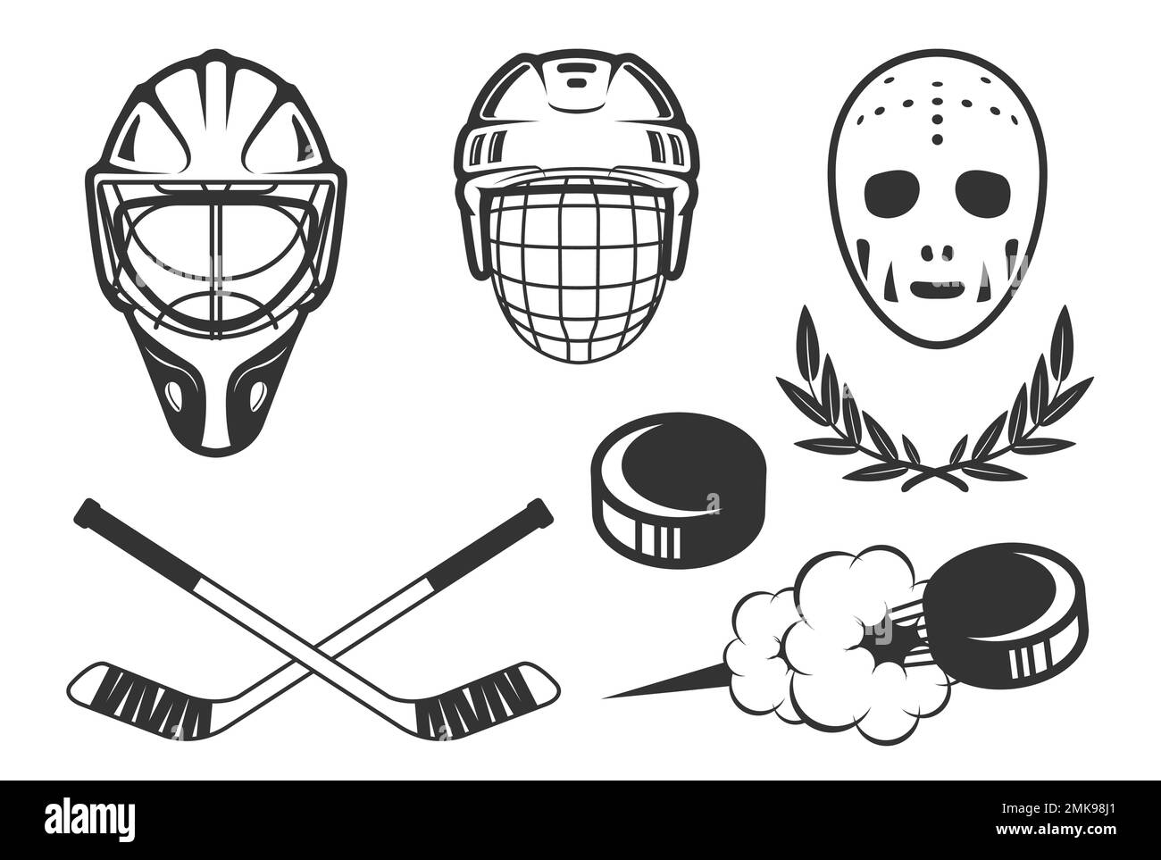 Eishockey-Embleme, Hockeyhelme und Retro-Torwartmaske, fliegender Hockey-Puck, Vektor Stock Vektor