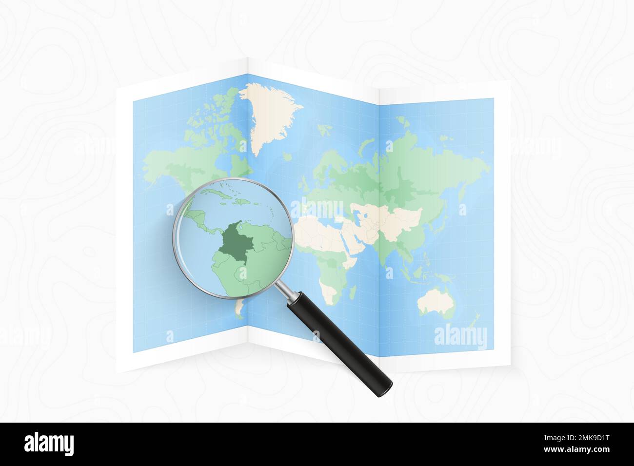 Vergrößern Sie Kolumbien mit einer Lupe auf einer gefalteten Weltkarte. Vektorpapierkarte. Stock Vektor