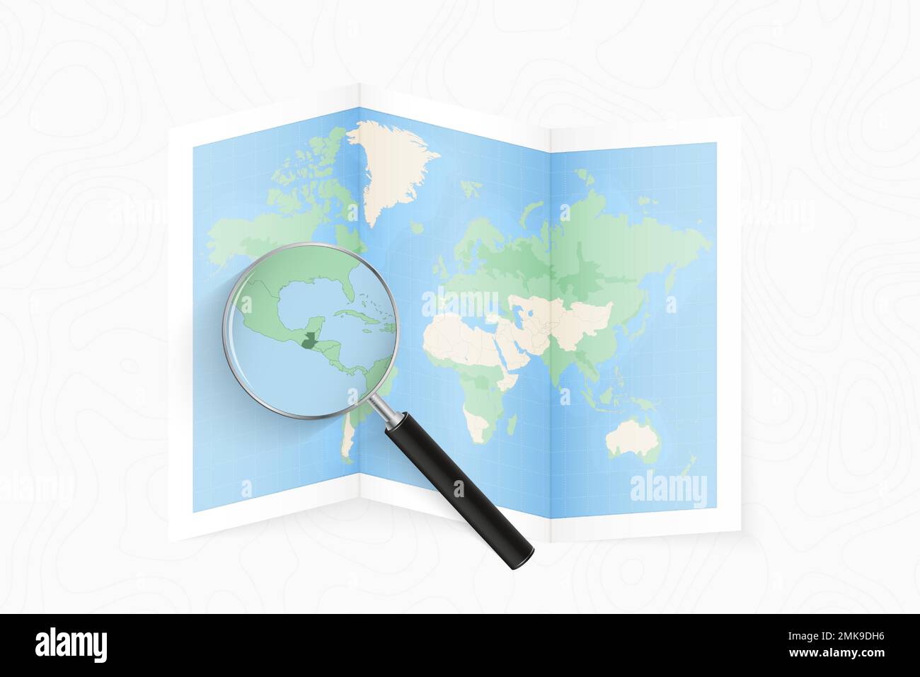 Vergrößern Sie Guatemala mit einer Lupe auf einer gefalteten Weltkarte. Vektorpapierkarte. Stock Vektor