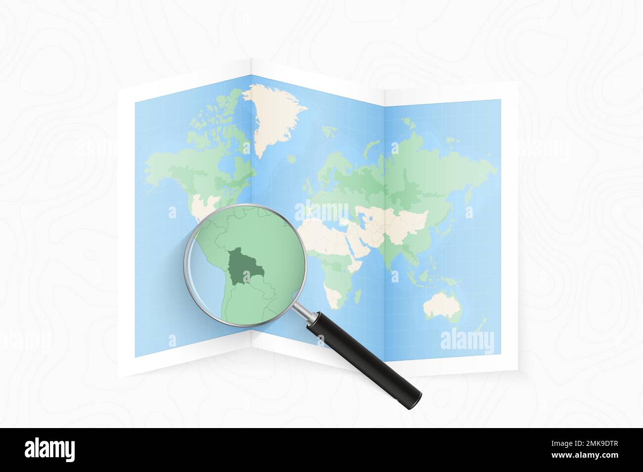 Vergrößern Sie Bolivien mit einer Lupe auf einer gefalteten Weltkarte. Vektorpapierkarte. Stock Vektor