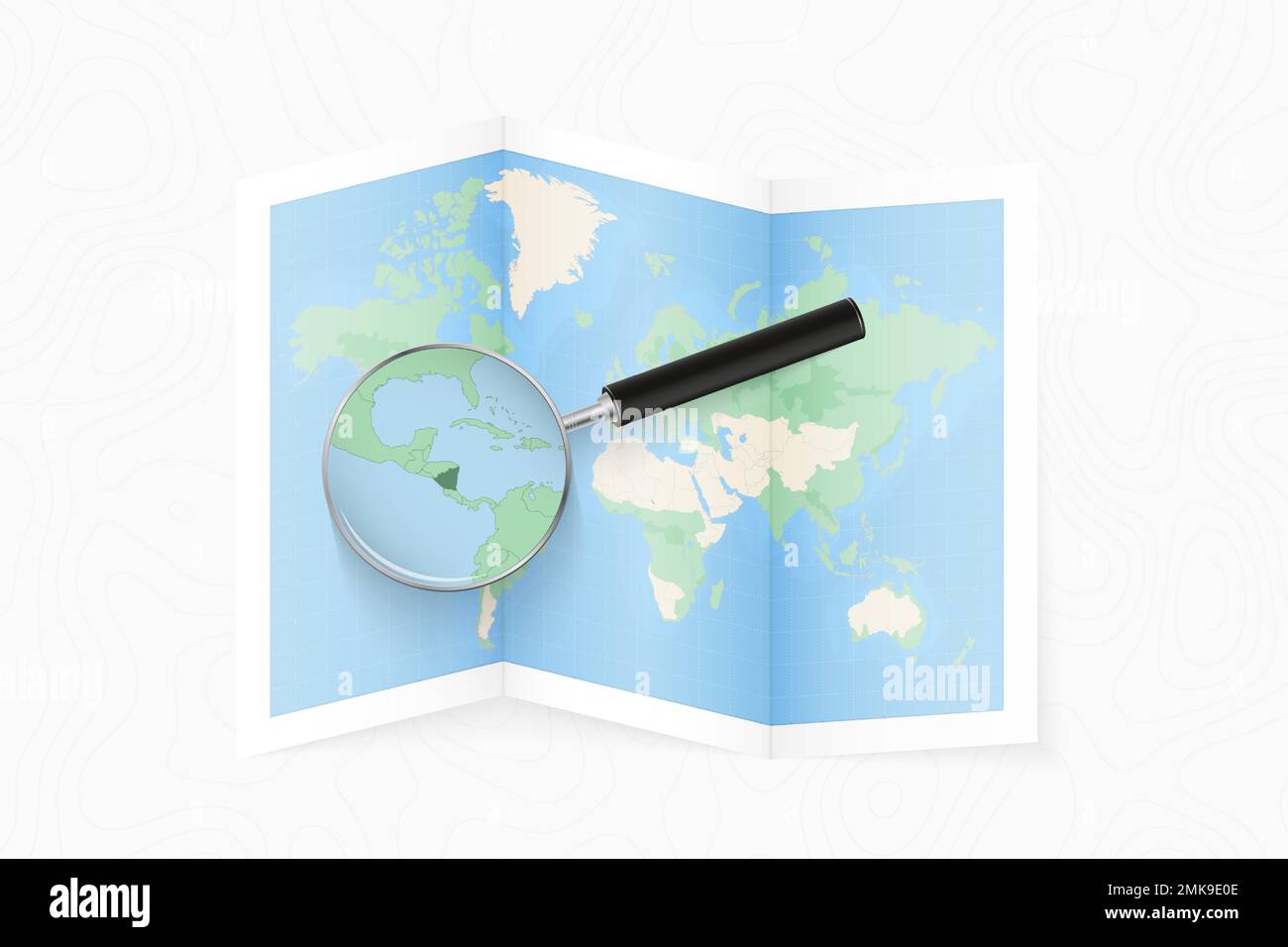 Vergrößern Sie Nicaragua mit einer Lupe auf einer gefalteten Weltkarte. Vektorpapierkarte. Stock Vektor