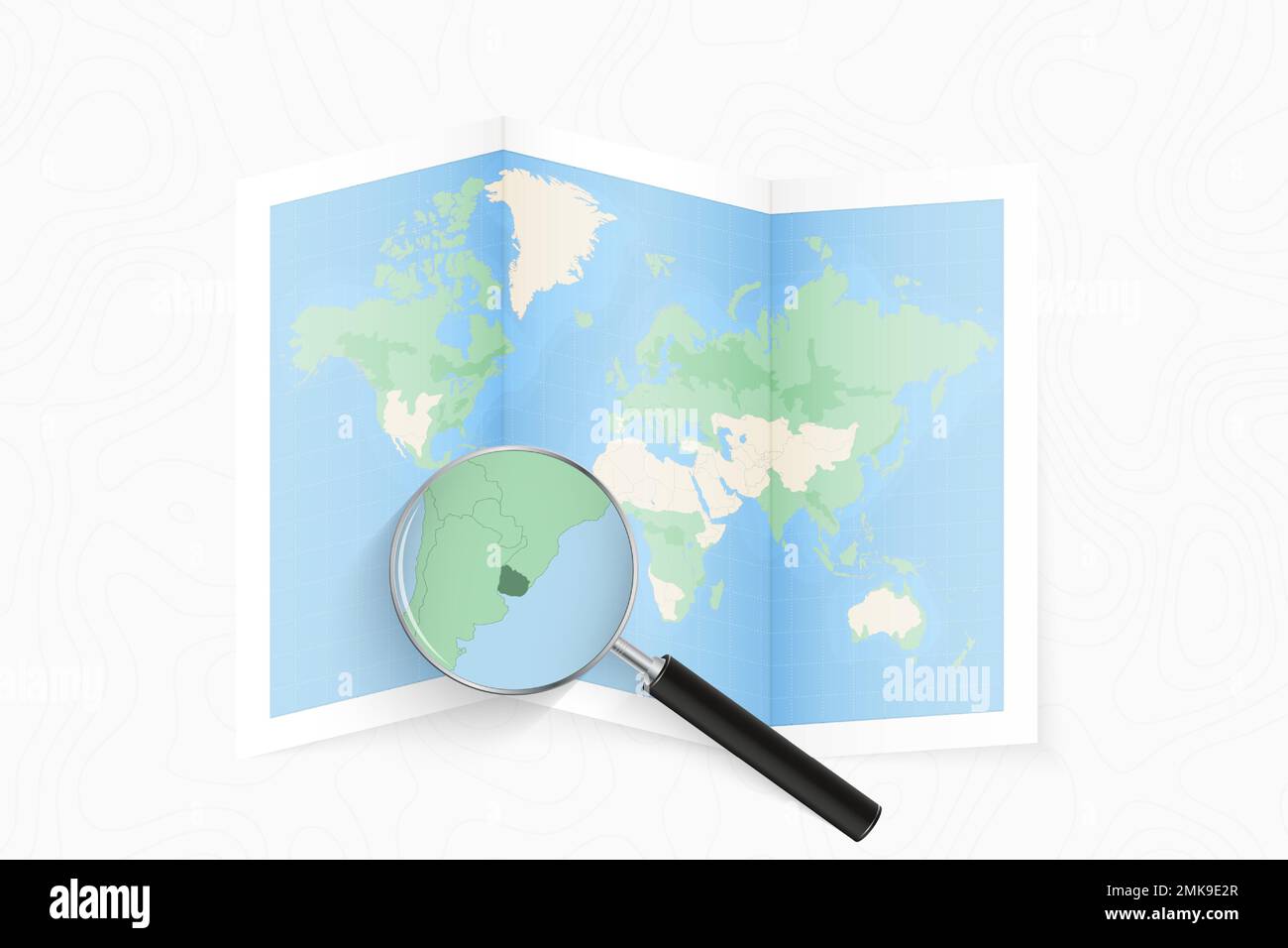 Vergrößern Sie Uruguay mit einer Lupe auf einer gefalteten Weltkarte. Vektorpapierkarte. Stock Vektor