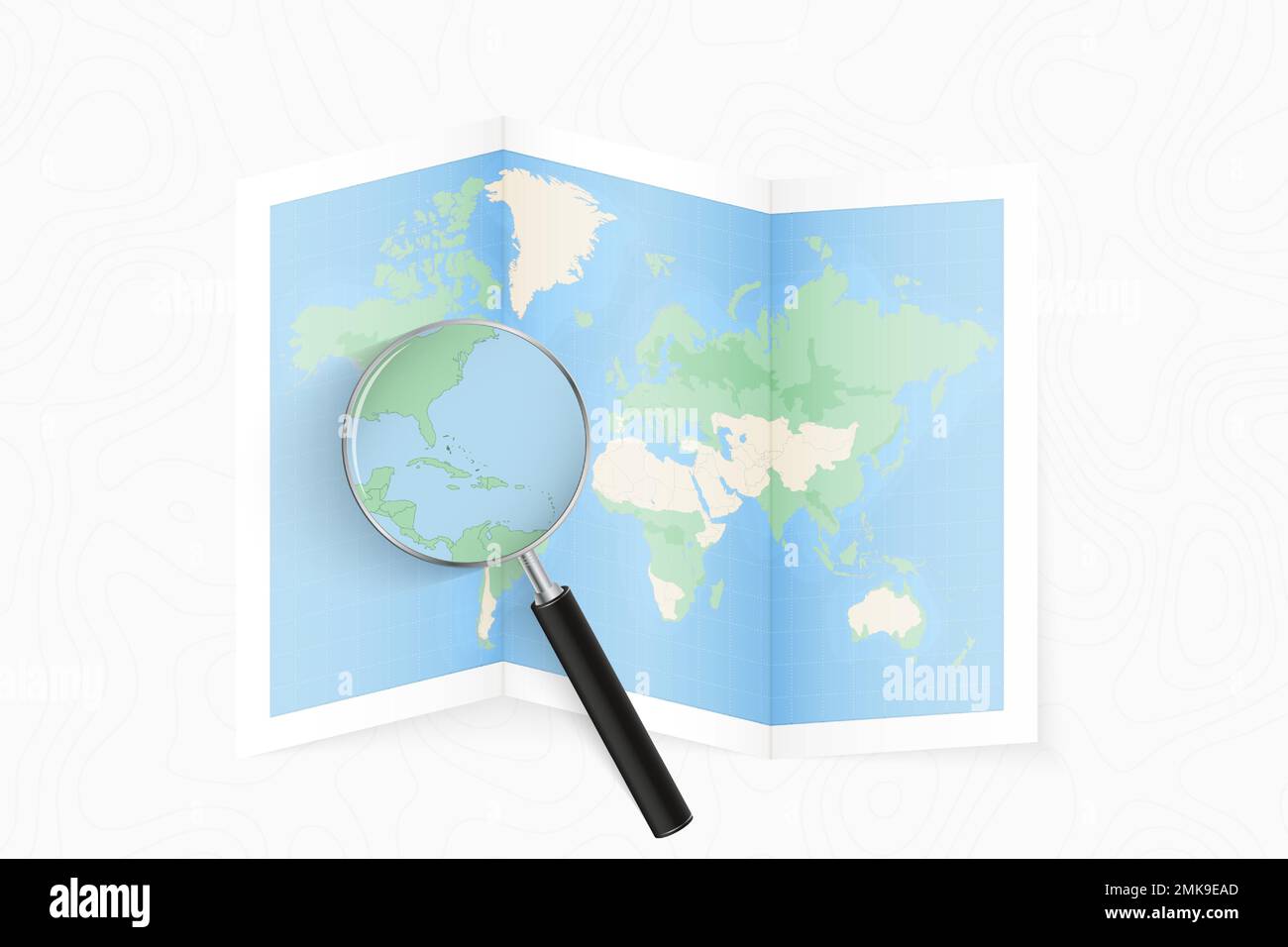 Vergrößern Sie die Bahamas mit einer Lupe auf einer gefalteten Weltkarte. Vektorpapierkarte. Stock Vektor