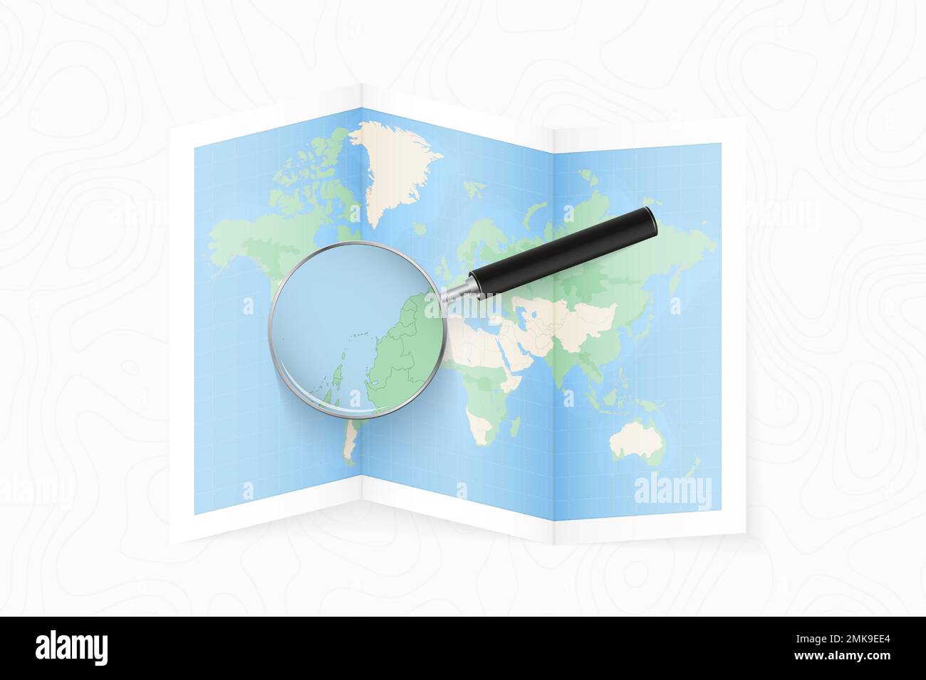 Vergrößern Sie Barbados mit einer Lupe auf einer gefalteten Weltkarte. Vektorpapierkarte. Stock Vektor