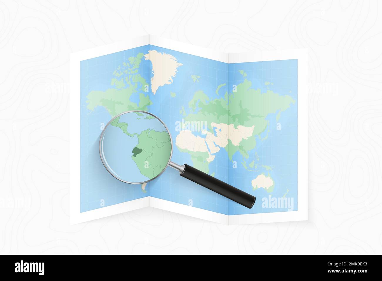 Vergrößern Sie Ecuador mit einer Lupe auf einer gefalteten Weltkarte. Vektorpapierkarte. Stock Vektor