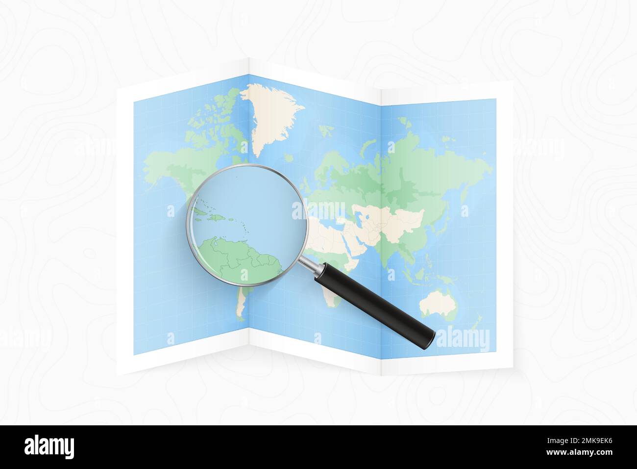 Vergrößern Sie St. Kitts und Nevis mit einer Lupe auf einer gefalteten Weltkarte. Vektorpapierkarte. Stock Vektor