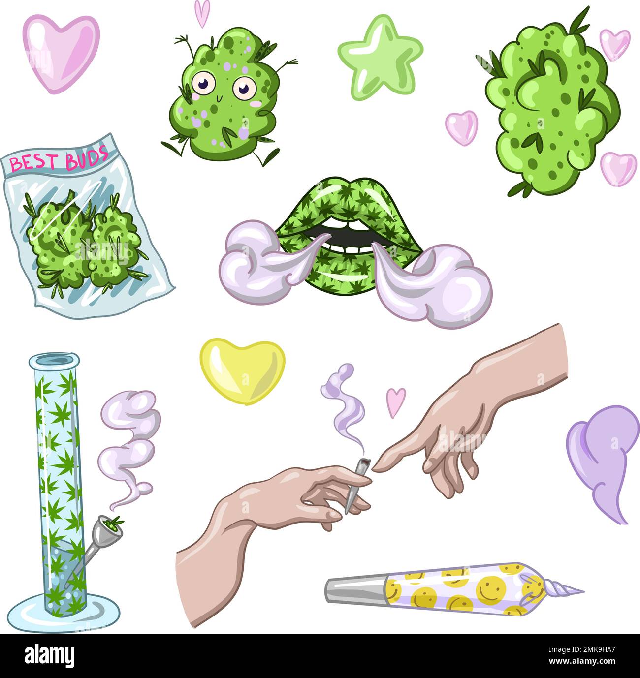 Legen Sie Legalize fest. Marihuana-Set und Cannabis, Rauchpfeife. Rauchende Bong. Vektordarstellung Stock Vektor